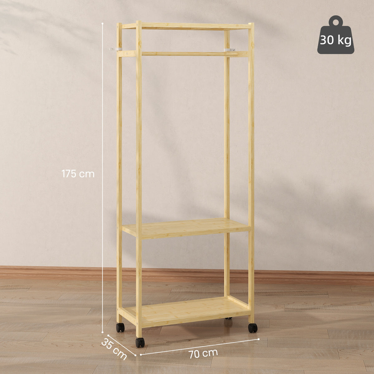 Portant à vêtements à roulettes, porte-manteau en bambou avec 2 étagères et tringle suspendue, 70x35x175cm, bois naturel-2