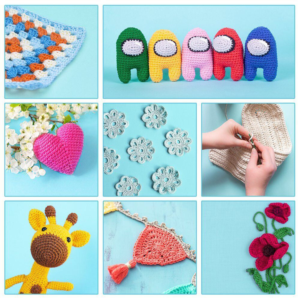 Collage di esempi di lavori all’uncinetto: personaggi, fiori, cuore e decorazioni in filato