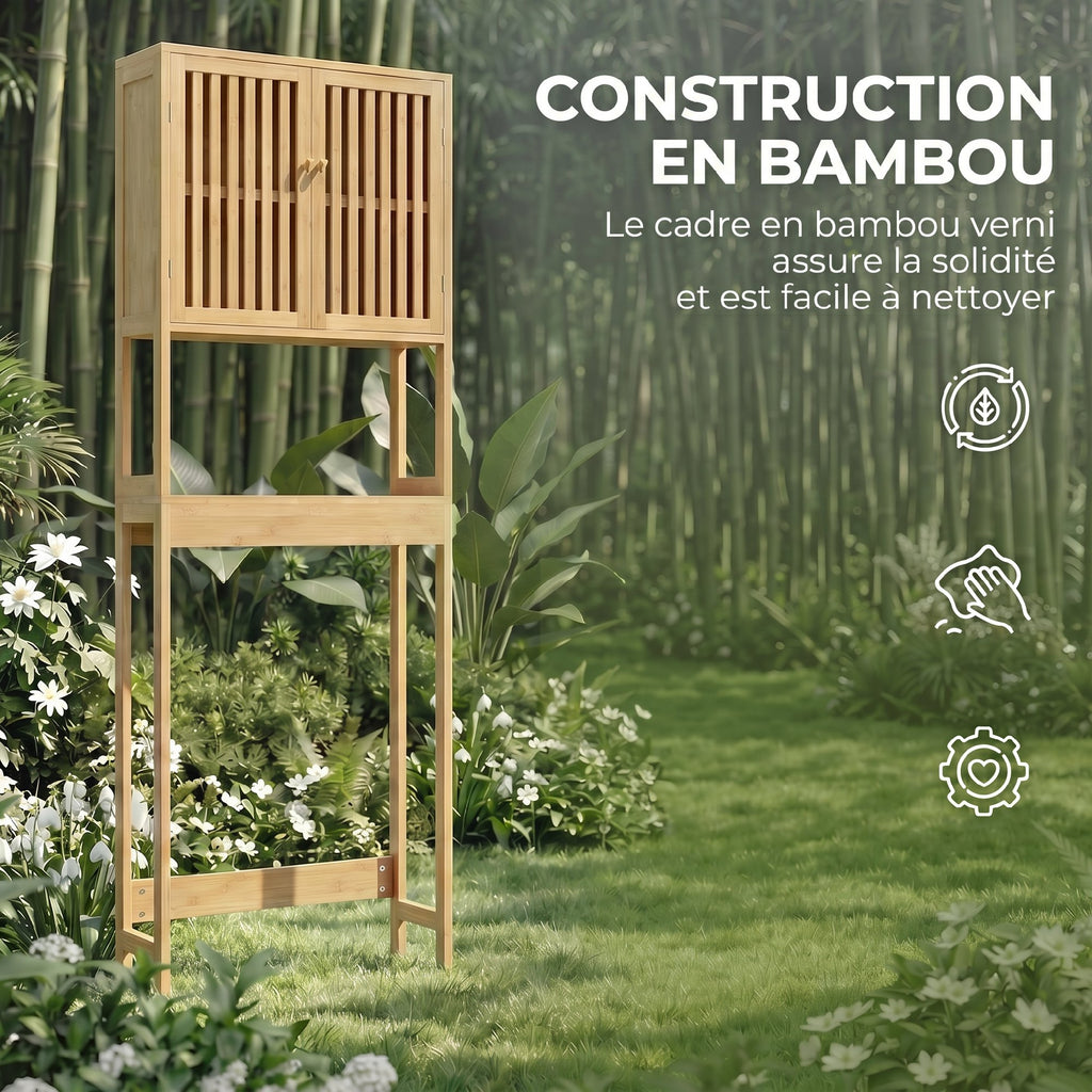 Étagère de toilettes meuble de salle de bain dessus toilette WC avec placard 2 portes et étagère ouverte bambou-5