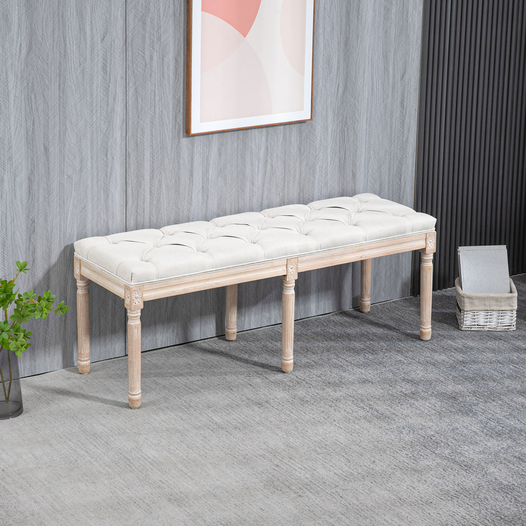 Banc bout de lit banquette capitonnée style vintage français revêtement tissu aspect lin pieds en bois massif crème-9