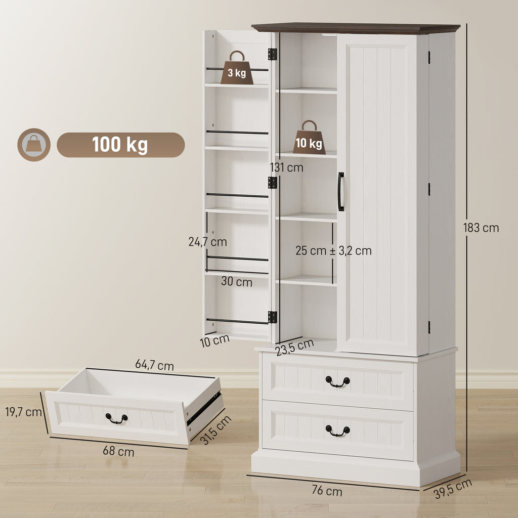 Buffet haut cuisine, armoire de cuisine, LED à capteur, 2 portes, tiroirs et étagères réglables, 76x39,5x183cm, blanc-2