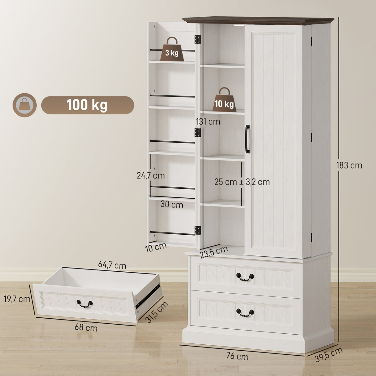 Buffet haut cuisine, armoire de cuisine, LED à capteur, 2 portes, tiroirs et étagères réglables, 76x39,5x183cm, blanc-2