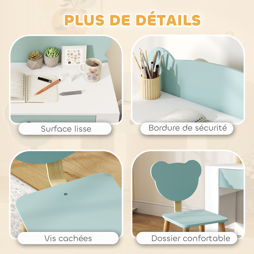 Bureau enfant avec chaise, table enfant et chaise avec tiroir et large plateau, 80 x 41 x 74,5 cm, vert-5