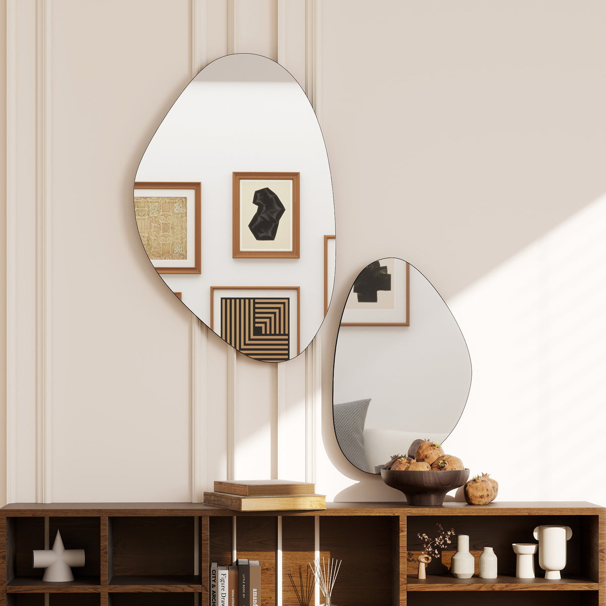 Lot de 2 miroirs muraux, miroirs décoratifs irréguliers en forme de galet, cadre en métal, 70 x 46 cm/49,5 x 31 cm, noir-1