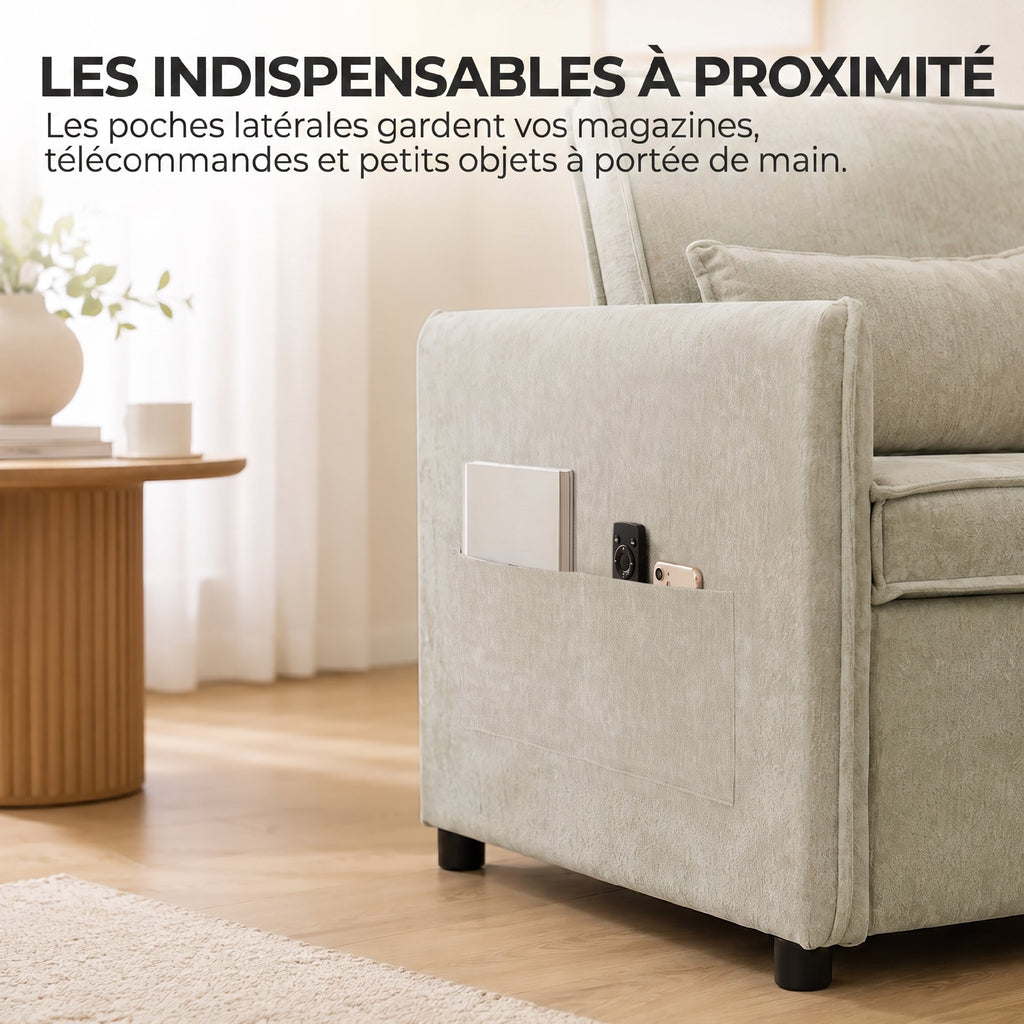 Canapé Convertible 2 Places, Canapé-Lit 3 en 1 Chenille 125 cm avec Dossier Réglable, Assise Large, 2 Oreillers, Crème-6