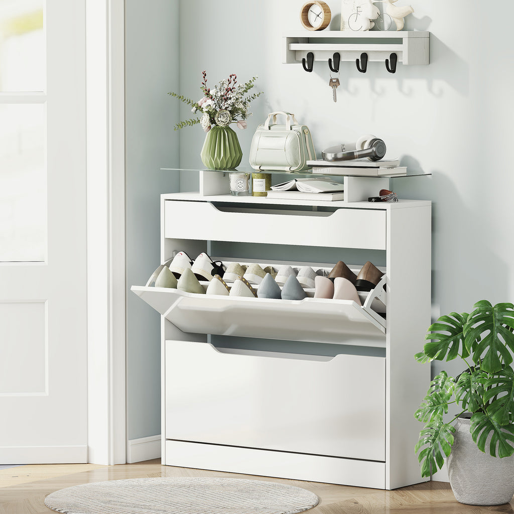 Armoire à Chaussures avec 2 Tiroirs Rabattables + 1 Tiroir Coulissant + 1 Comptoir et 1 Plateau en Verre blanc-6