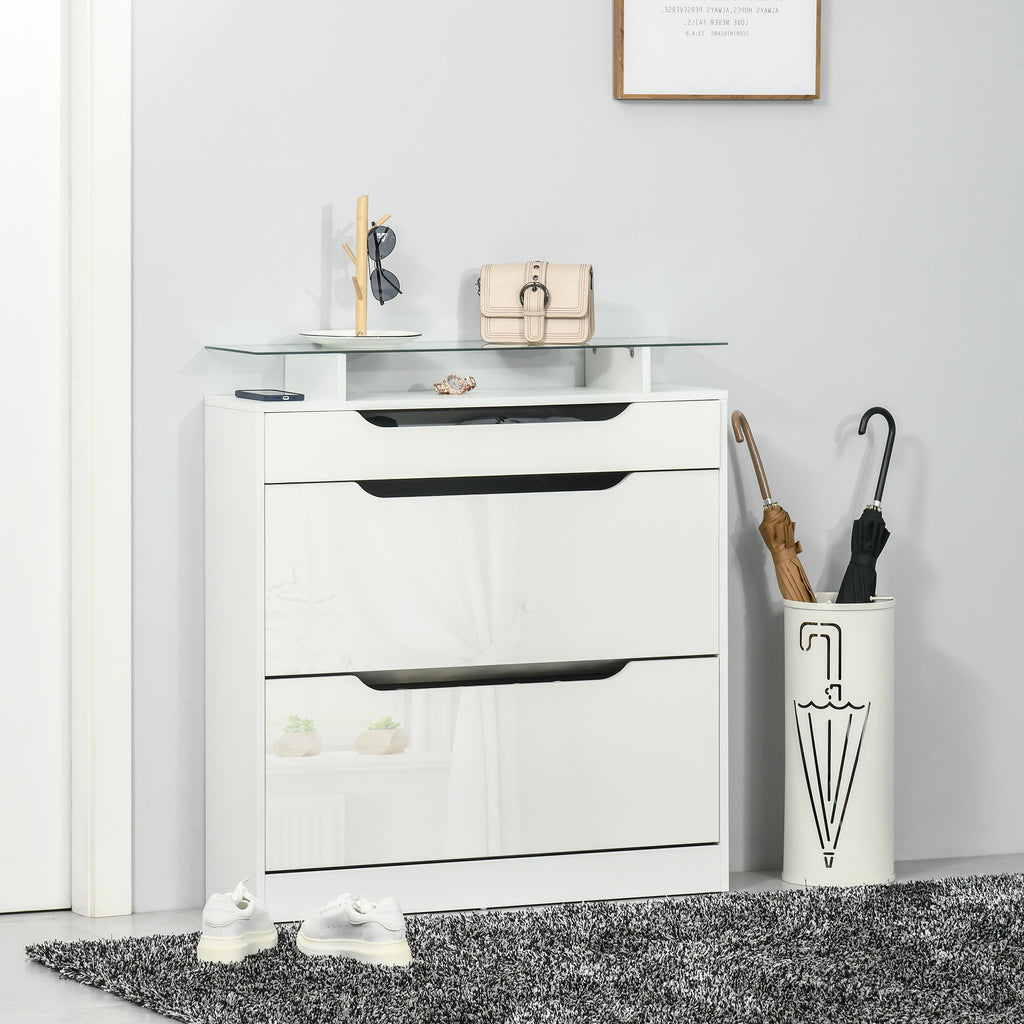 Armoire à Chaussures avec 2 Tiroirs Rabattables + 1 Tiroir Coulissant + 1 Comptoir et 1 Plateau en Verre blanc-1