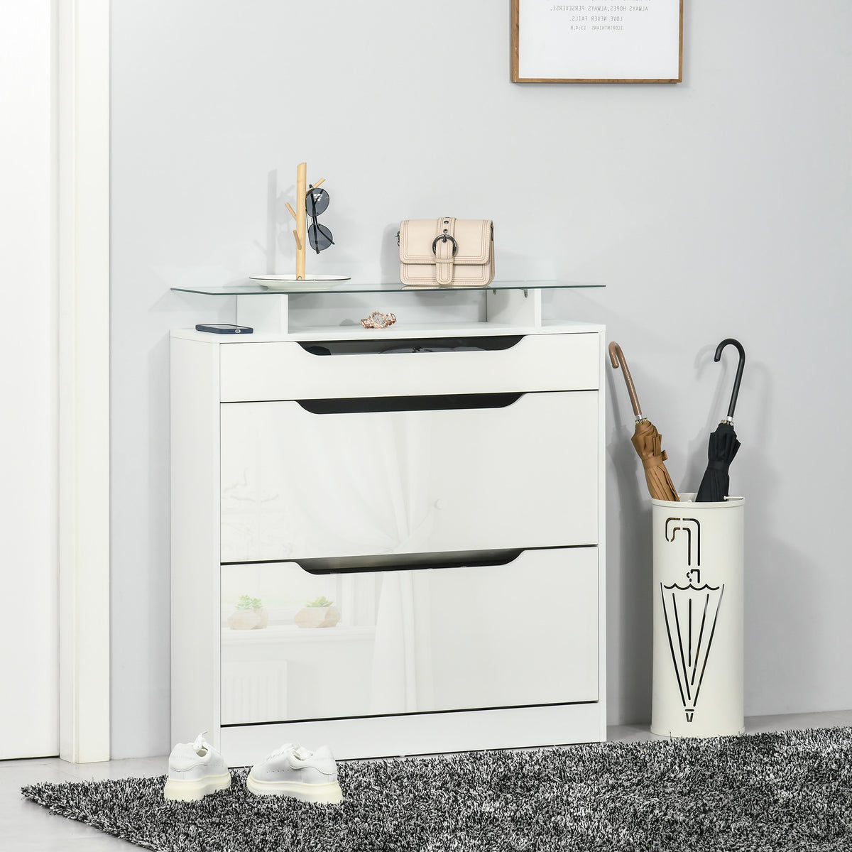 Armoire à Chaussures avec 2 Tiroirs Rabattables + 1 Tiroir Coulissant + 1 Comptoir et 1 Plateau en Verre blanc-1