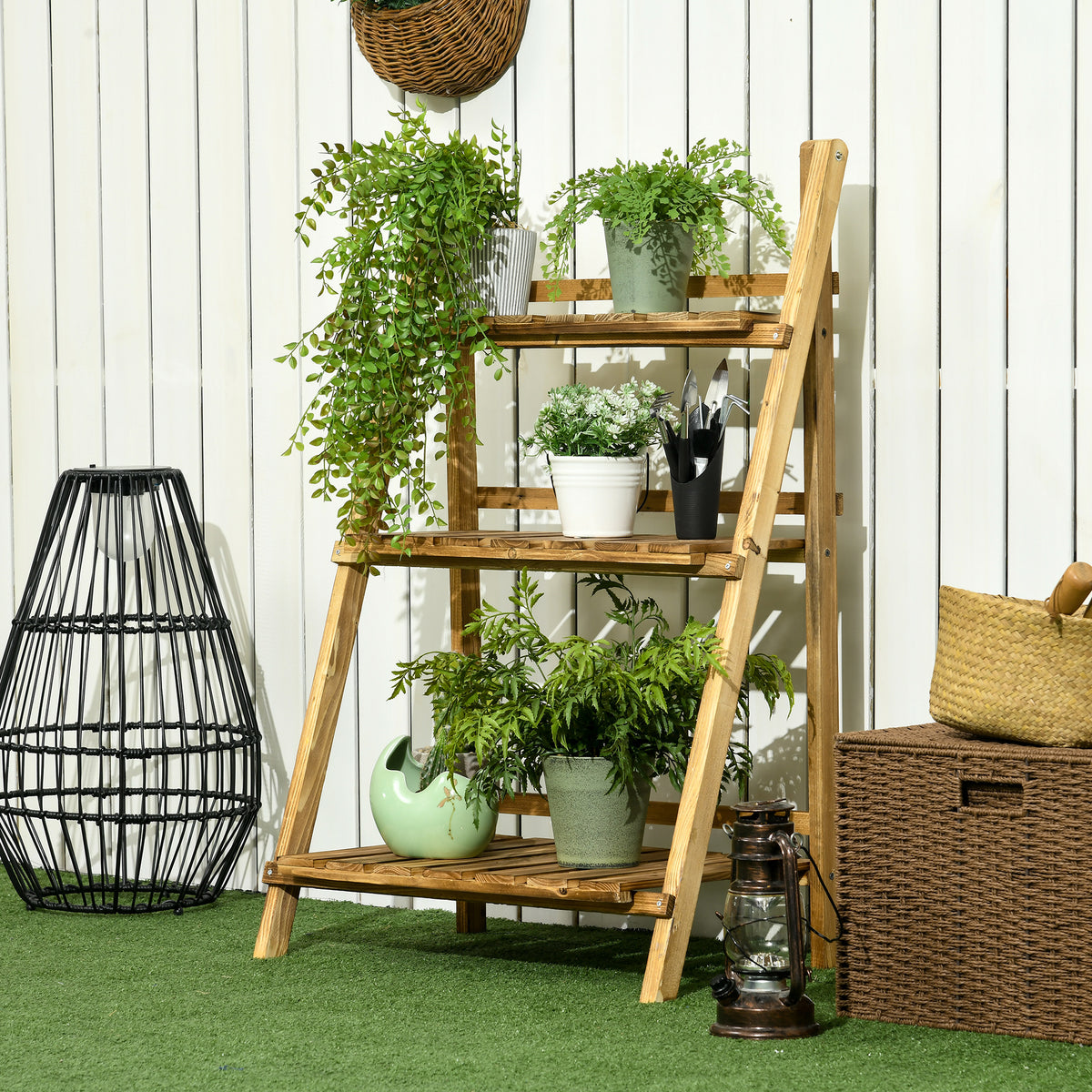 Étagère à plantes en bois forme pyramidale échelle pliante avec 3 étagères 60 x 37 x 93 cm marron-1