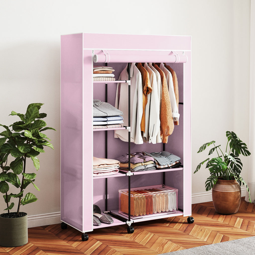 Armoire penderie en tissu meuble de rangement 6 roulettes tringle à vêtements et étagères ouvertes 103x43x162,5cm rose-9