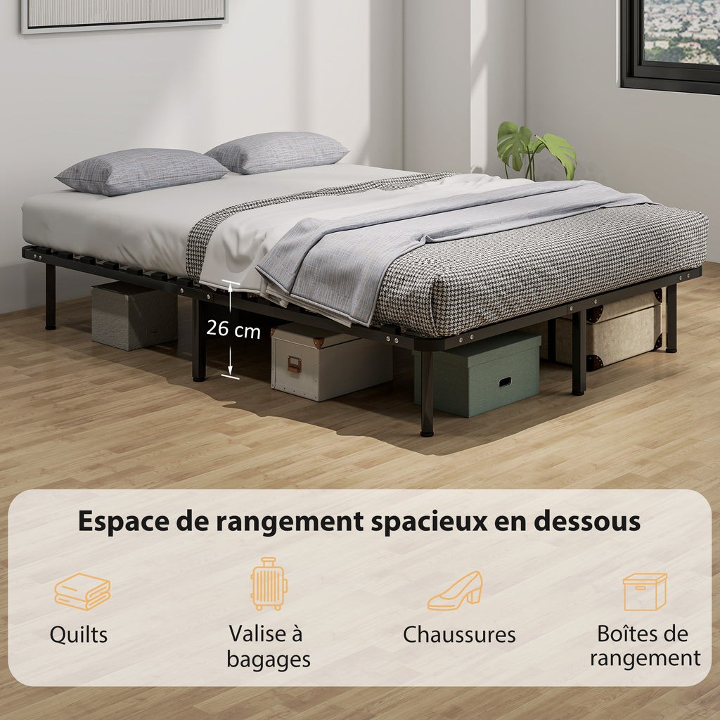 Cadre de lit 140 x 190 cm, lit 2 personnes en bois massif avec sommier à lattes et pied, rangement au-dessous, noir-4