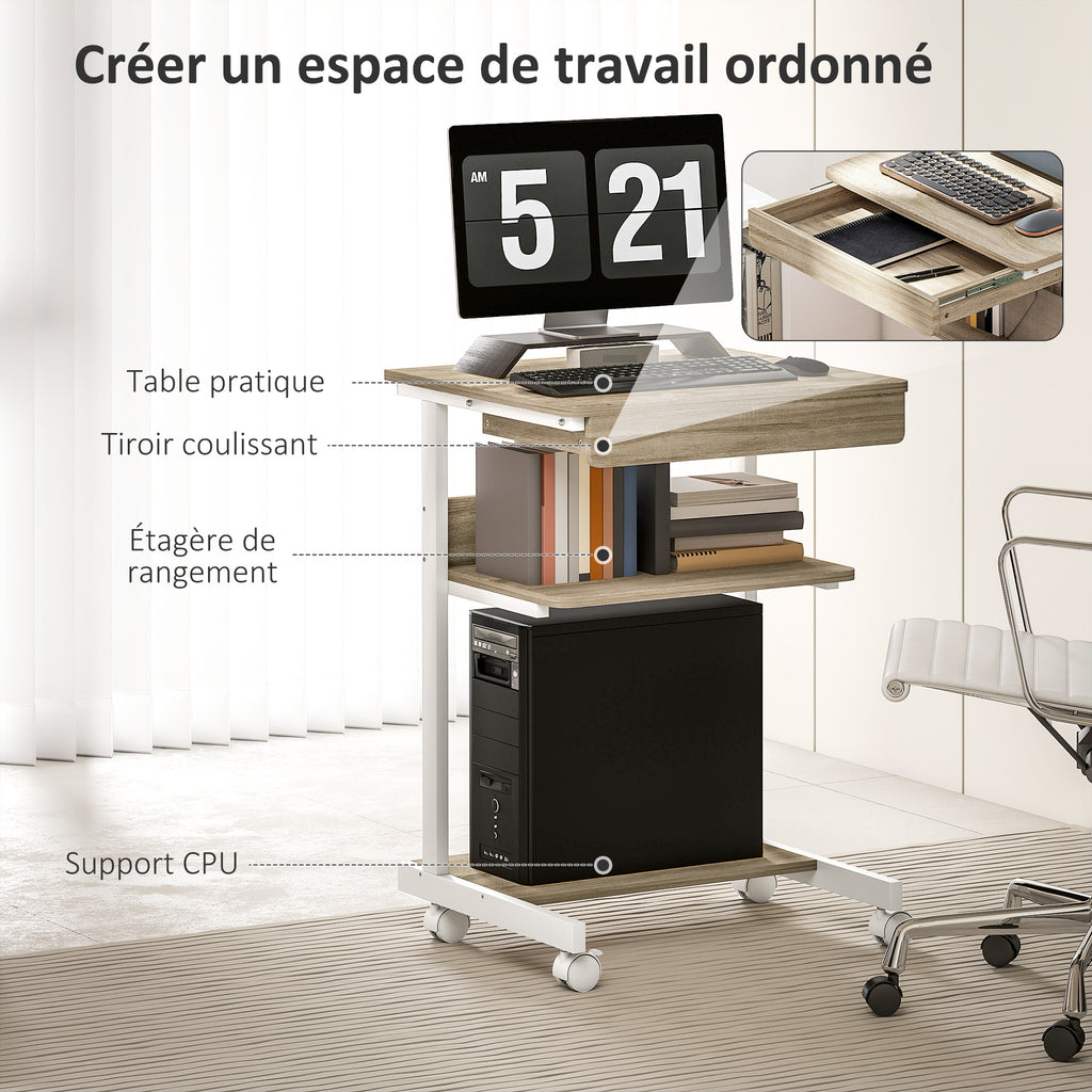 Bureau d'ordinateur sur roues, bureau avec rangement 56 x 51 cm avec tiroir, compartiment et support CPU, chêne-3