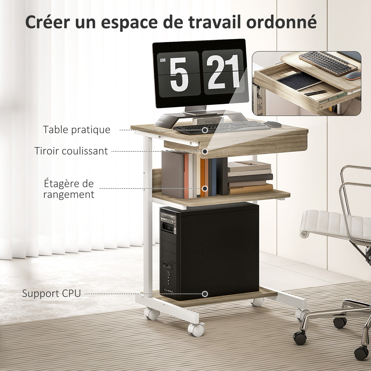 Bureau d'ordinateur sur roues, bureau avec rangement 56 x 51 cm avec tiroir, compartiment et support CPU, chêne-3