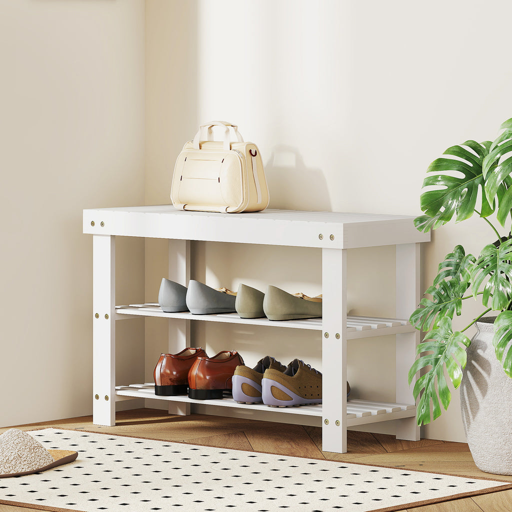 Banc à chaussures en bambou, étagère à chaussures à 3 niveaux, style scandinave, charge 136 Kg, 70 x 28 x 45 cm, blanc-9