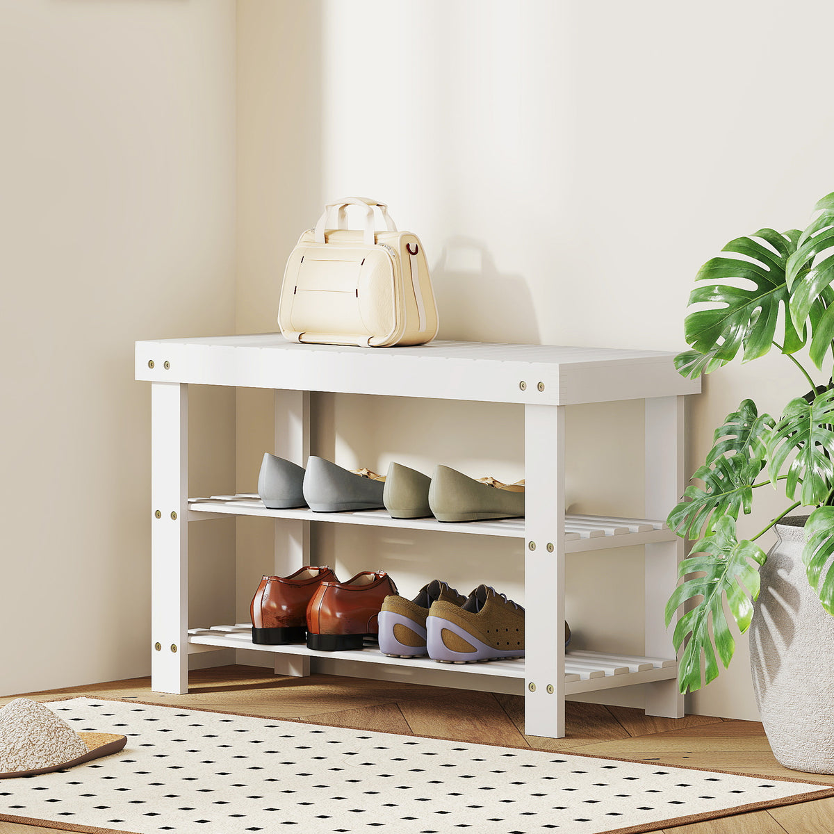 Banc à chaussures en bambou, étagère à chaussures à 3 niveaux, style scandinave, charge 136 Kg, 70 x 28 x 45 cm, blanc-9