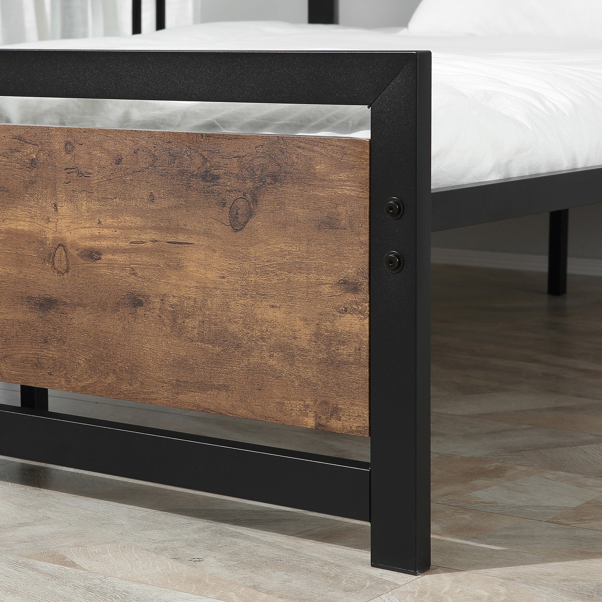Cadre de lit double en acier avec sommier et tête de lit compatible matelas 190 x 140 cm aspect bois foncé-9