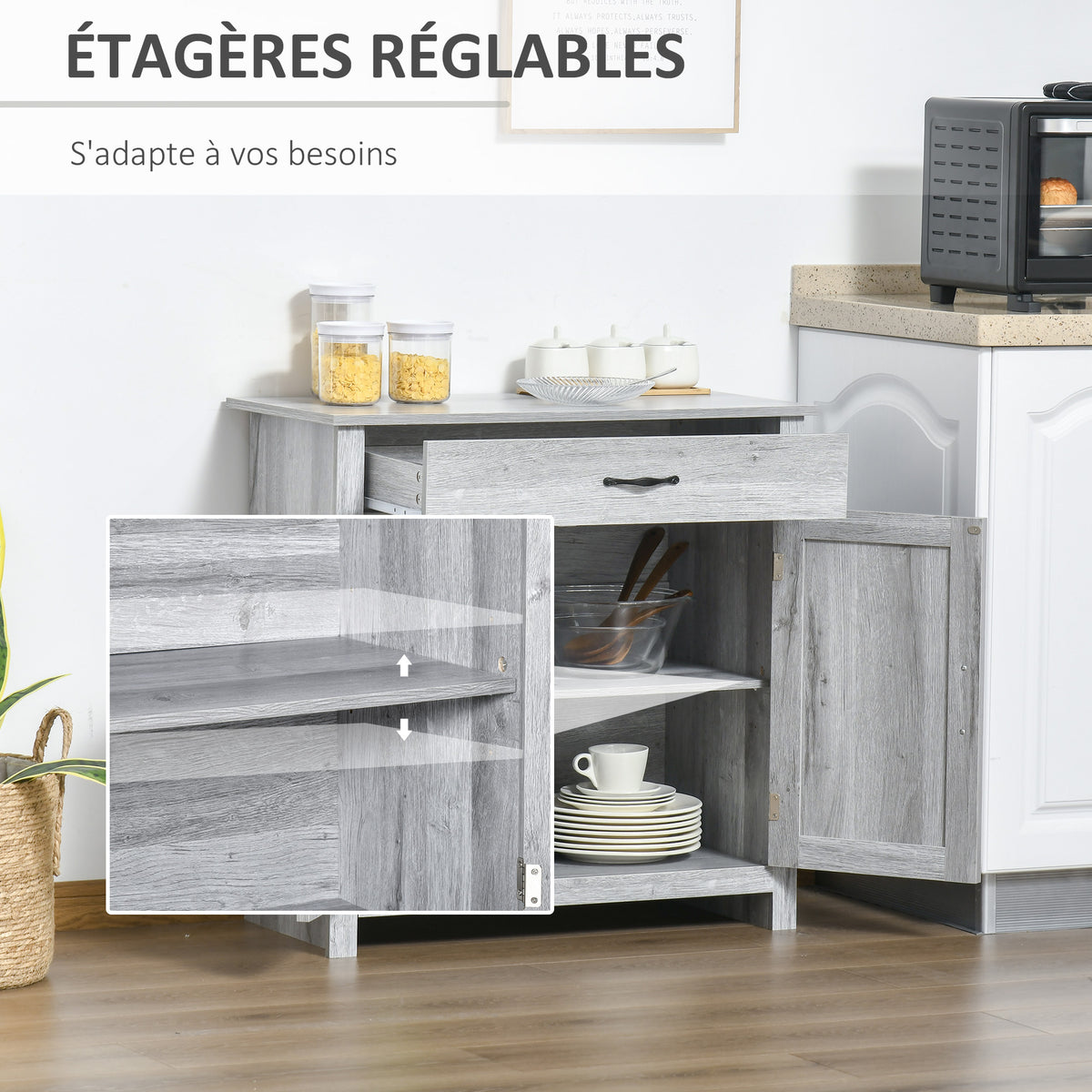 Buffet salon, meuble de rangement avec tiroir, 2 portes de grange et étagère réglable, buffet salle à manger et-3