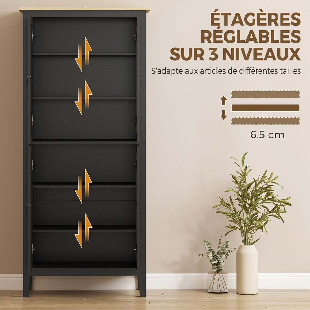 Buffet cuisine, meuble cuisine rangement haut avec LED réglable et détecteur de mouvement, 80 x 40 x 176,5 cm, noir-5