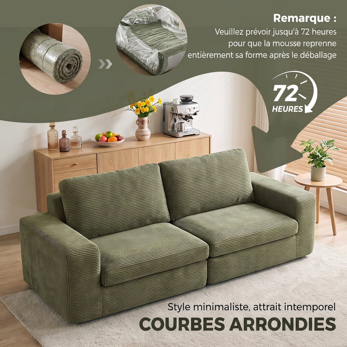 Canapé 3 Places en Velours Côtelé, Canapé de Salon Compressé Moderne 236 cm avec Coussin à Ressorts, Vert-6