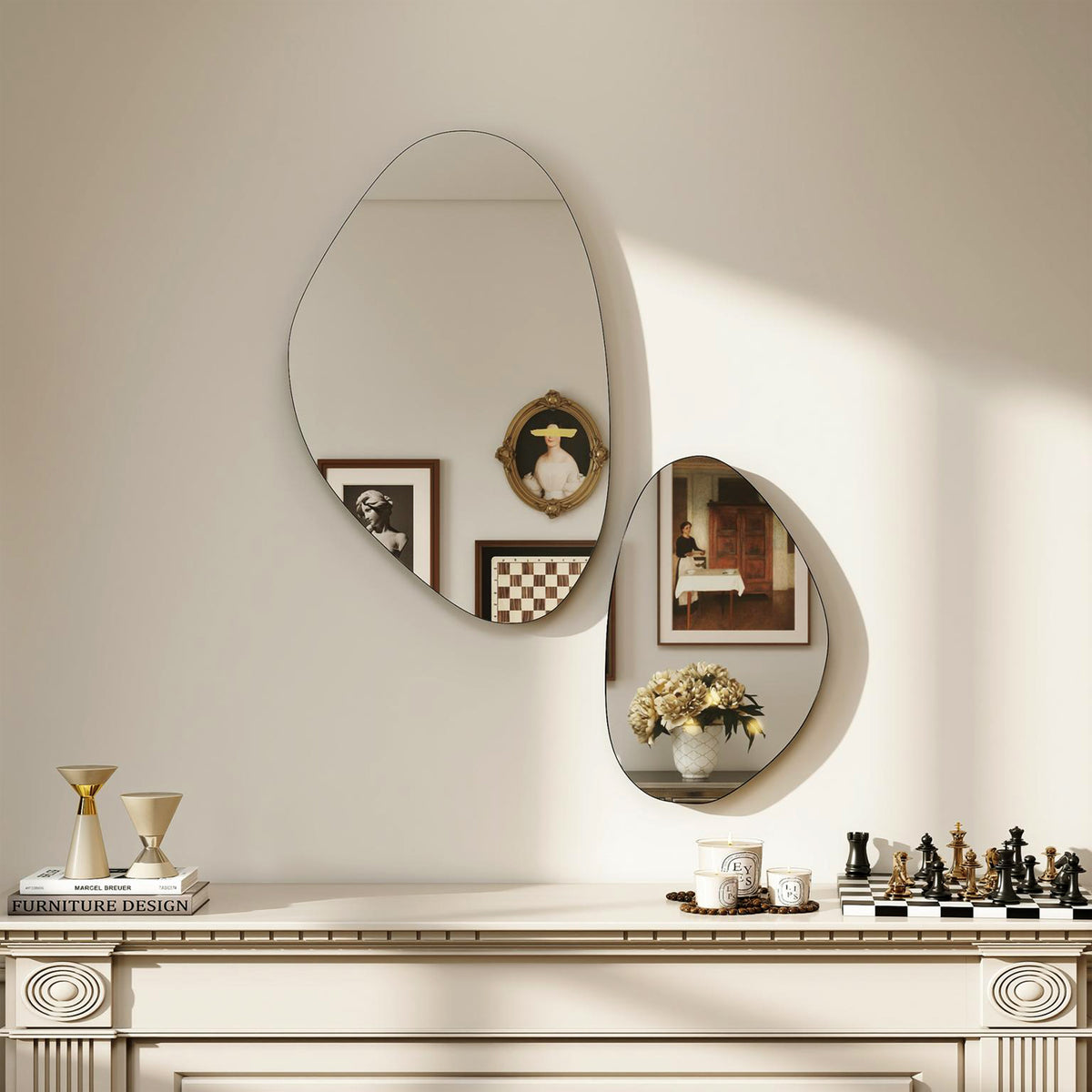 Lot de 2 miroirs muraux, miroirs décoratifs irréguliers en forme de galet, cadre en métal, 70 x 46 cm/49,5 x 31 cm, noir-6