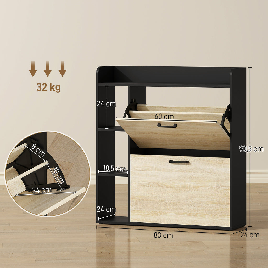 Meuble à chaussures 15 paires, armoire à chaussures moderne avec 2 tiroirs rabattables, 83x24x90,5cm, noir-2