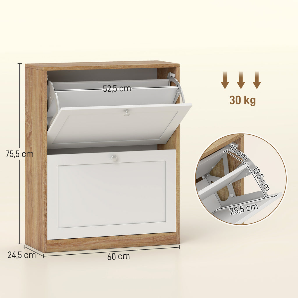 Meuble à chaussures 12 paires, armoire à chaussures, 2 tiroirs rabattables et étagères réglables, 60x24,5x75,5cm, blanc-2