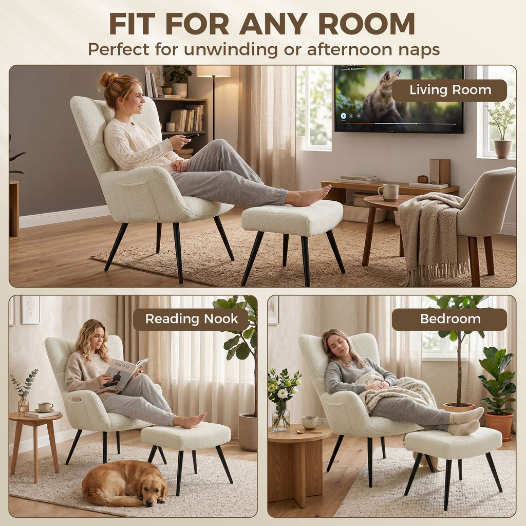Fauteuil de Salon avec Repose-Pied, Fauteuil d'Appoint Capitonné en Peluche Teddy, Dossier Haut, Poches Latérales, Beige-8