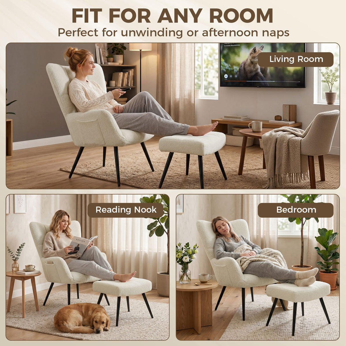 Fauteuil de Salon avec Repose-Pied, Fauteuil d'Appoint Capitonné en Peluche Teddy, Dossier Haut, Poches Latérales, Beige-8