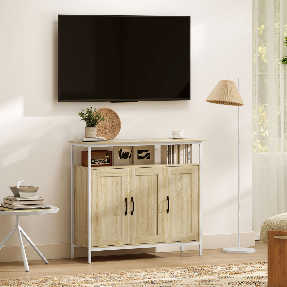 Buffet, meuble de rangement avec 3 portes, compartiment ouvert et 4 étagères réglables, 100 x 35 x 88 cm, bois naturel-7