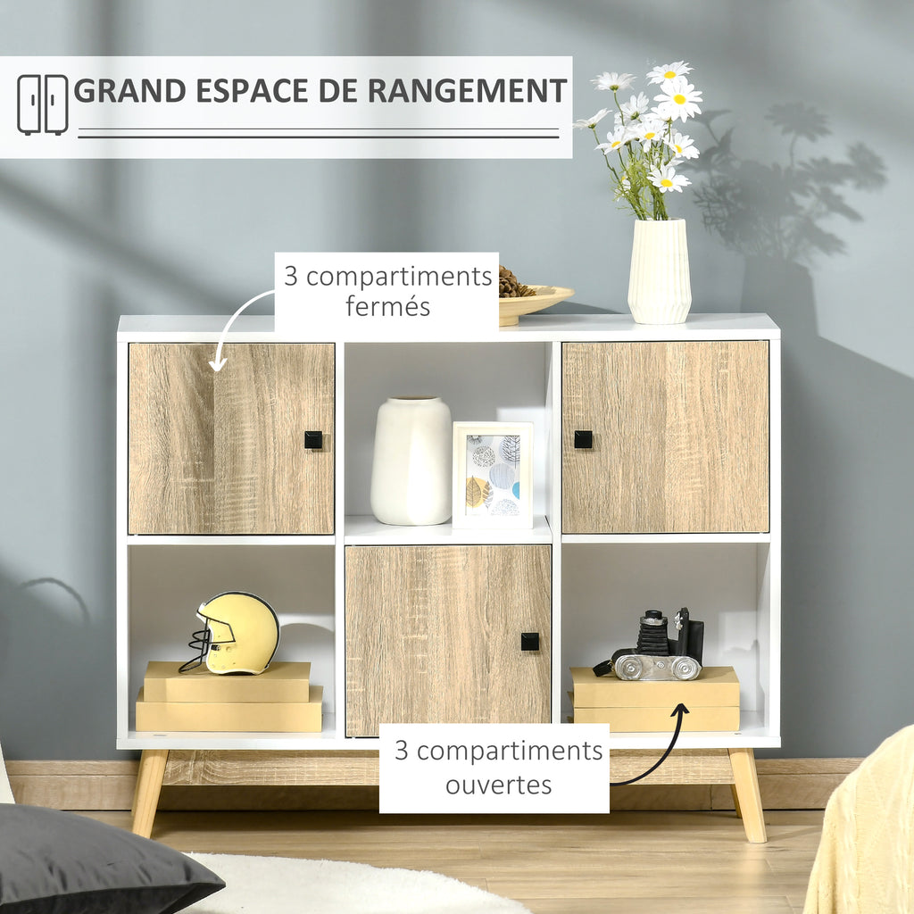 Buffet Salon, Meuble de Rangement 9 Cubes avec 3 Portes et 3 Compartiments Ouverts, Pieds en Bois de Pin, Style Moderne, Buffet Salle à Manger, Cuisine, 96x30x75cm, Blanc et Naturel-3