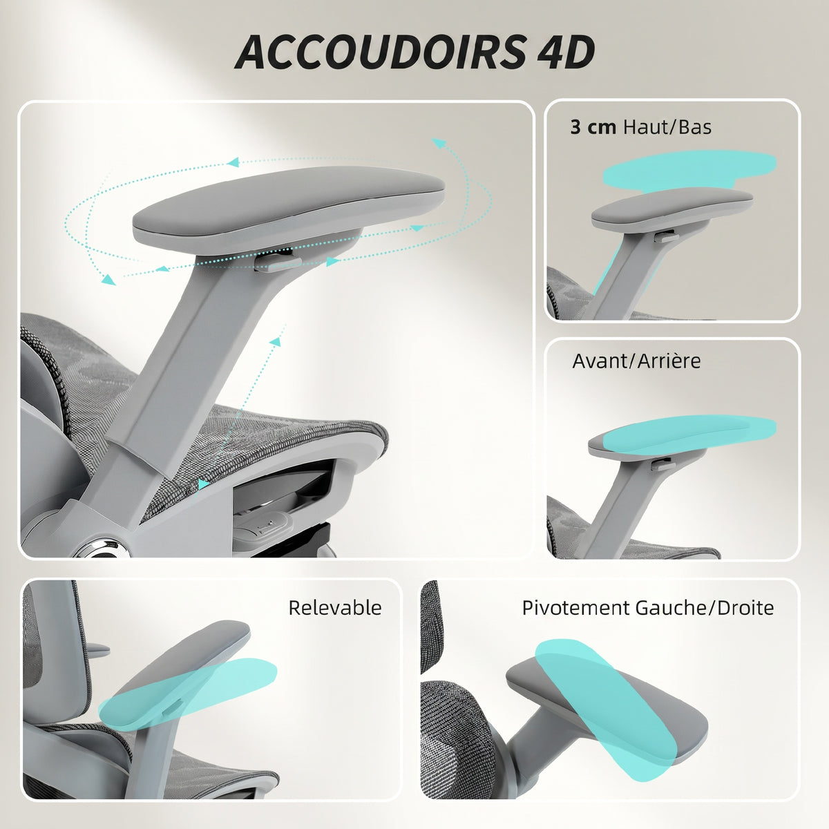 Chaise Bureau Ergonomique avec Accoudoirs 4D Appui-Tête et Profondeur d'Assise Réglables Maille Gris-6