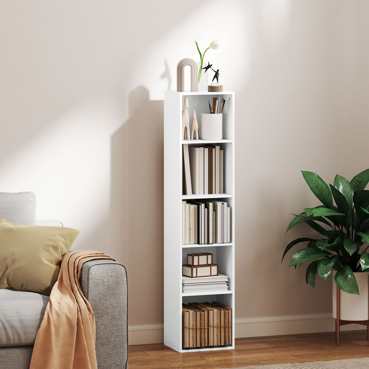 Bibliothèque étagère de rangement 5 niveaux avec étagères réglables pour salon, chambre, bureau, 30x24x133,5cm, blanc-1