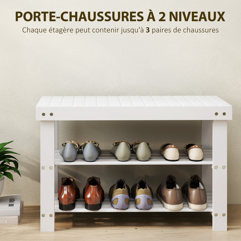 Banc à chaussures en bambou, étagère à chaussures à 3 niveaux, style scandinave, charge 136 Kg, 70 x 28 x 45 cm, blanc-3