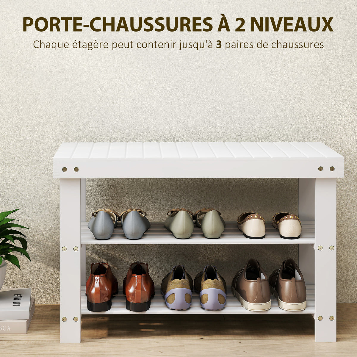 Banc à chaussures en bambou, étagère à chaussures à 3 niveaux, style scandinave, charge 136 Kg, 70 x 28 x 45 cm, blanc-3