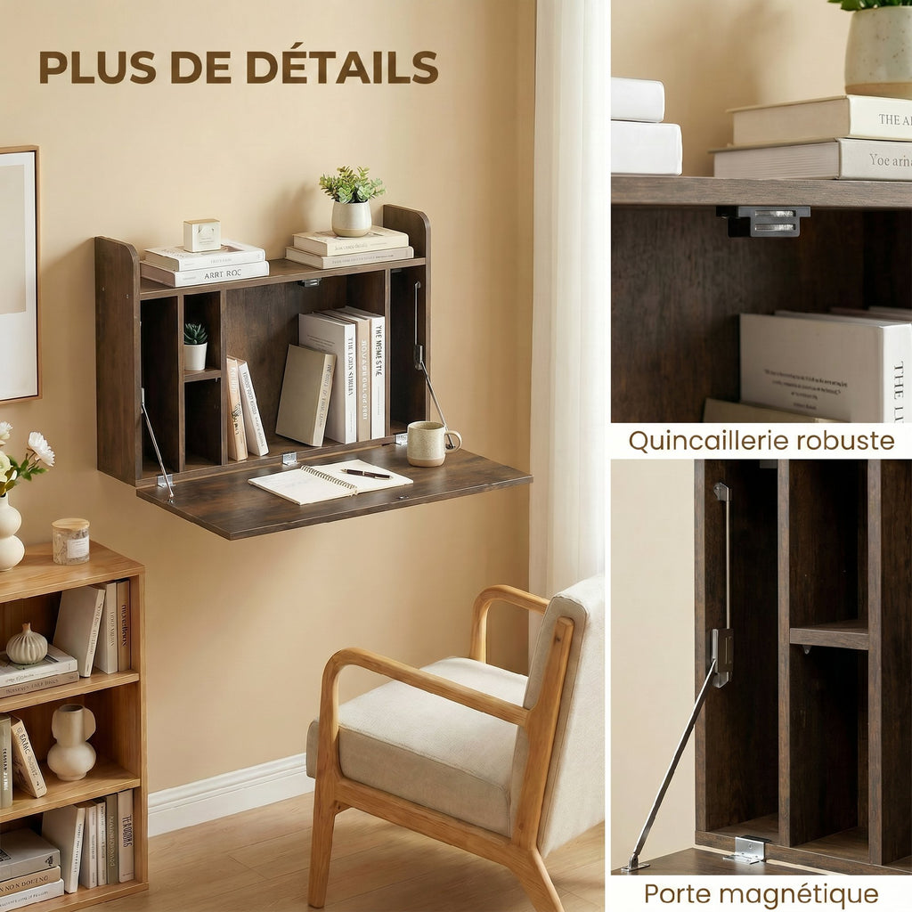 Bureau suspendu table murale table d'ordinateur murale et tablette rabattable avec rangements - 77 x 20 x 51 cm-5