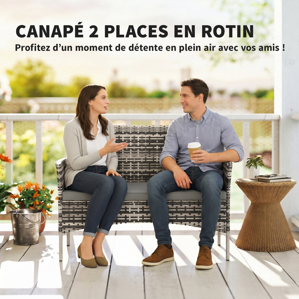Canapé de jardin 2 places en résine tressée avec coussins canapé d'extérieur avec accoudoirs 115 x 63 x 85 cm gris clair-3
