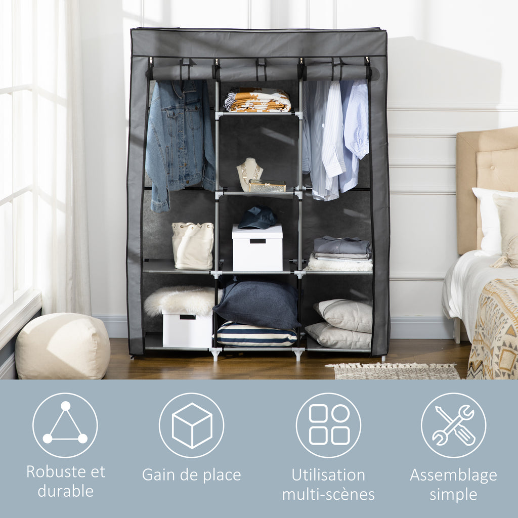 Armoire penderie multi-rangement - 8 étagères, 2 barres - non tissé gris-5