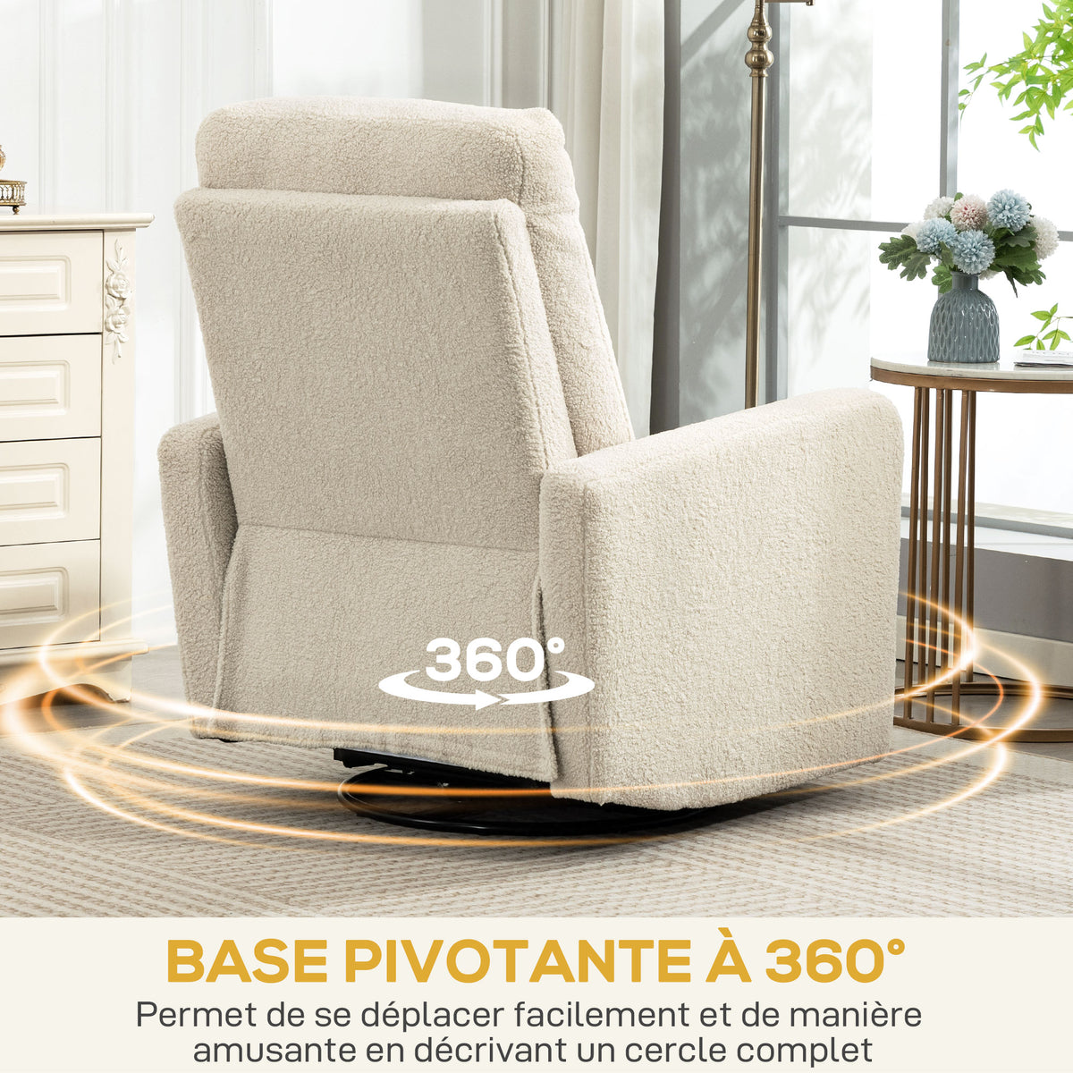 Fauteuil inclinable, fauteuil de relaxation avec repose-pieds, pivotant à 360° et basculant, 76 x 94 x 100 cm, beige-6