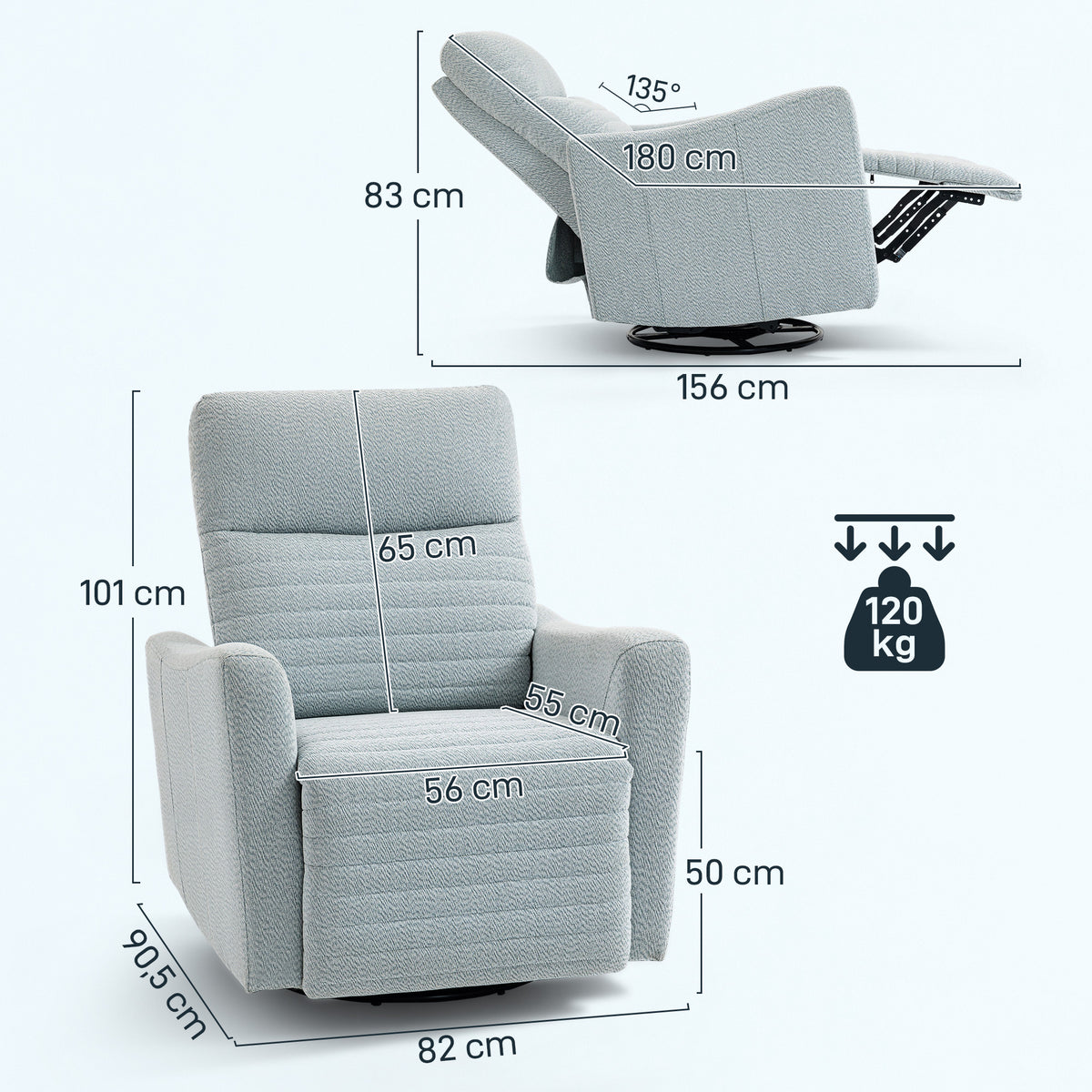 Fauteuil inclinable, fauteuil de relaxation avec repose-pieds, pivotant à 360°, basculant, 82 x 90,5 x 101 cm, gris-bleu-2