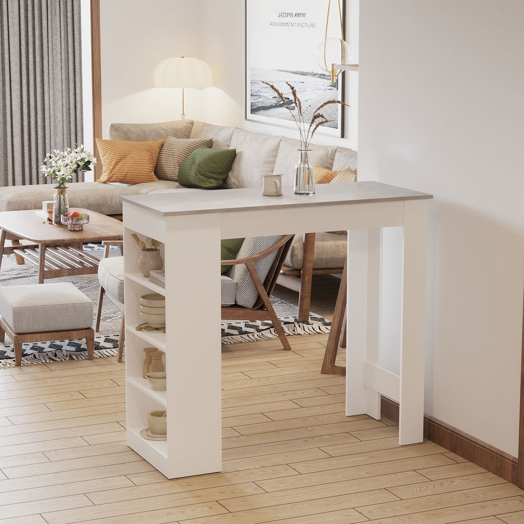Table de bar pour 2 personnes, table haute mange debout avec 4 étagères ouvertes, 115x50x102,7cm, blanc et gris-1