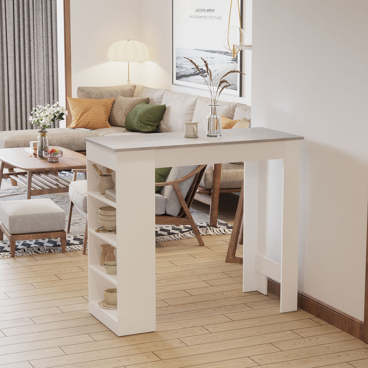 Table de bar pour 2 personnes, table haute mange debout avec 4 étagères ouvertes, 115x50x102,7cm, blanc et gris-1