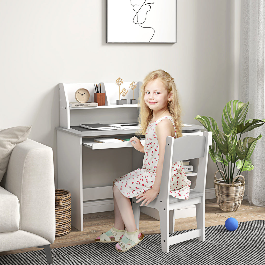 Bureau enfant avec chaise ergonomique avec clavier coulissant tiroir niches et étagères ouvertes 90 x 45 x 90 cm gris-9