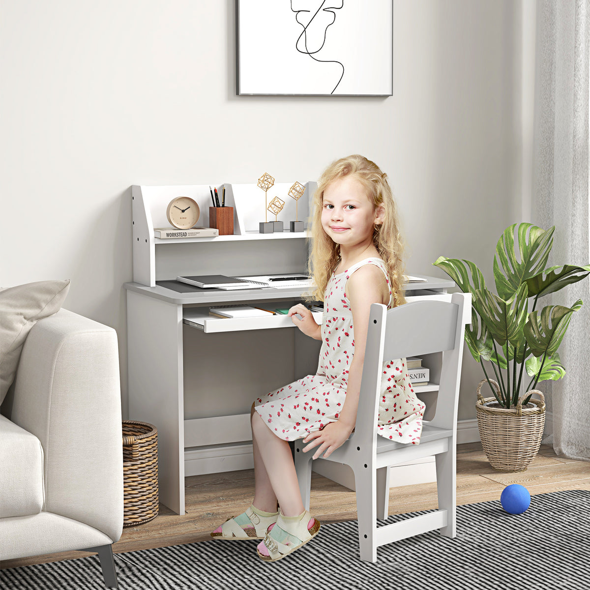 Bureau enfant avec chaise ergonomique avec clavier coulissant tiroir niches et étagères ouvertes 90 x 45 x 90 cm gris-9