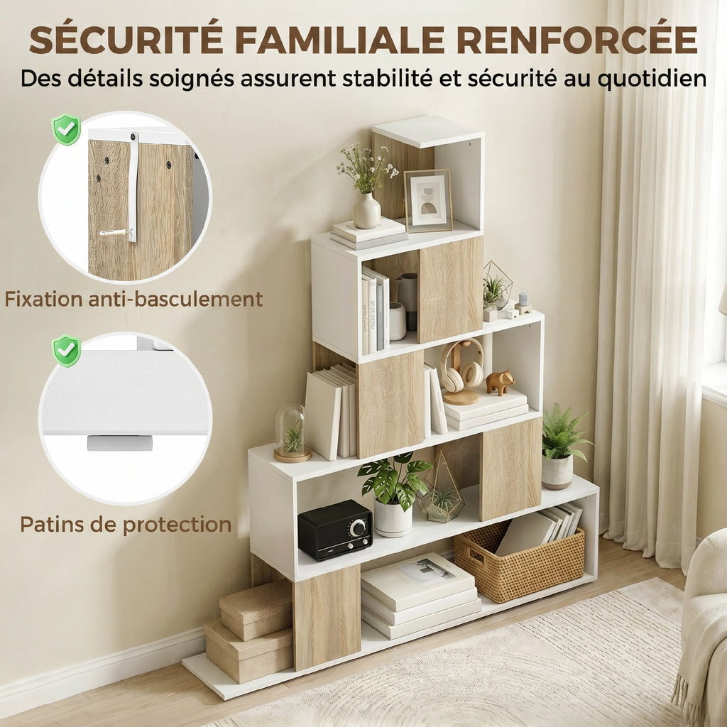 Étagère de rangement, bibliothèque géométrique à 5 niveaux, pour bureau, salon, chambre, blanc et bois naturel-6
