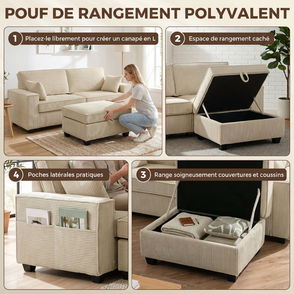 Canapé 3 Places avec Pouf de Rangement, Canapé d'Angle en Velours Côtelé, Assise Large, 2 Coussins, Beige-4