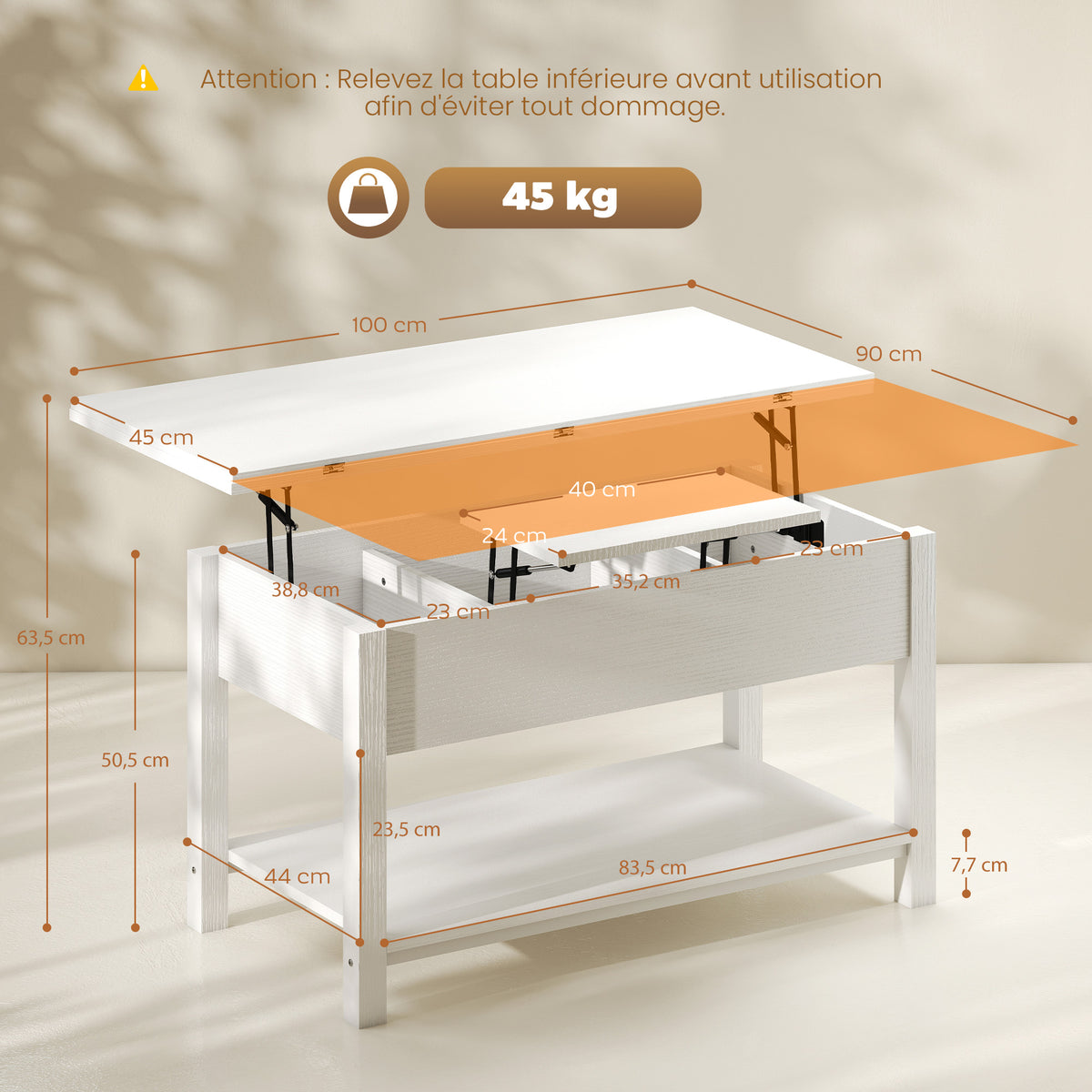 Table basse relevable et extensible table de salon avec compartiment caché étagère ouverte 100x45x50,5cm blanc-2