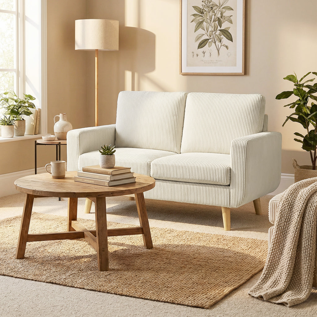 Canapé 2 places en velours côtelé, canapé de salon moderne 134 cm, assise rembourrée, coussin à ressorts, crème-6