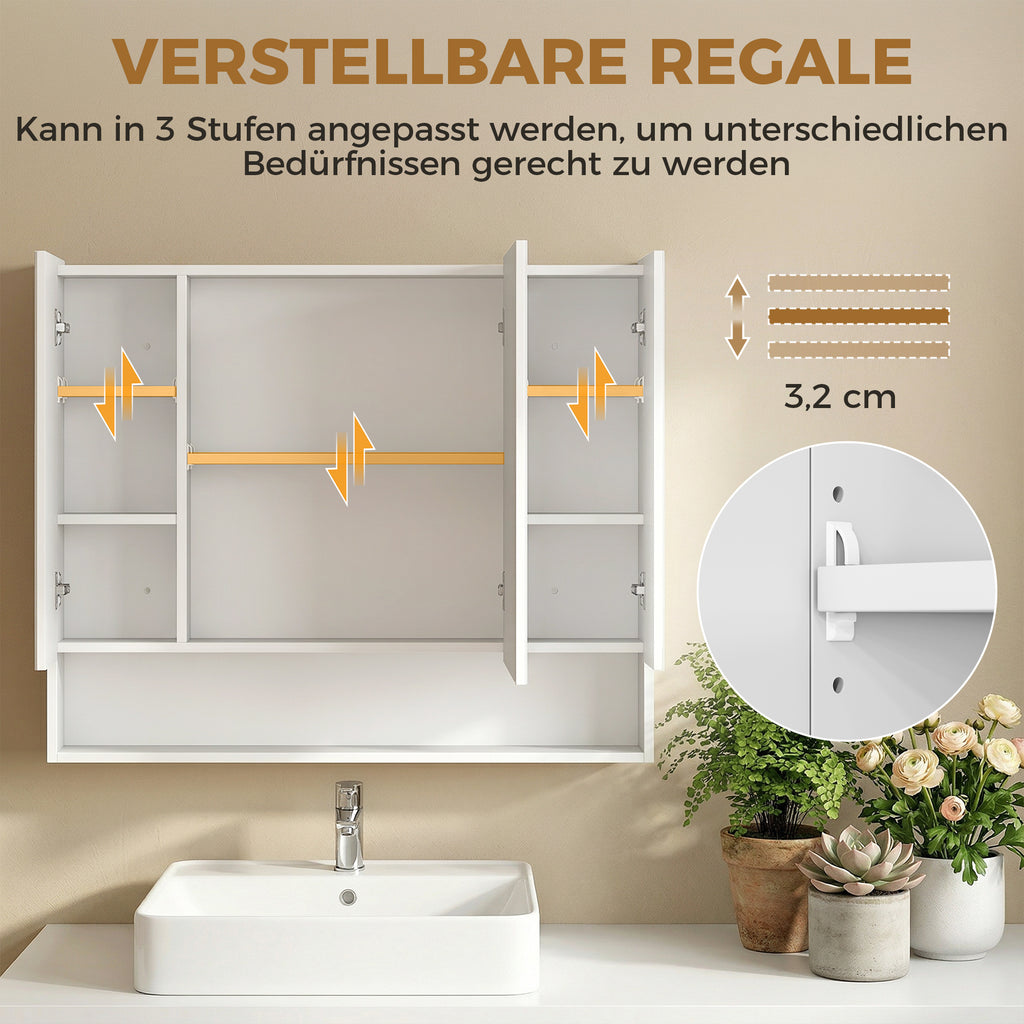 Armoire murale salle de bain avec miroir, armoire de toilette 3 portes miroir, étagères réglables, 90x15x75cm, blanc-5