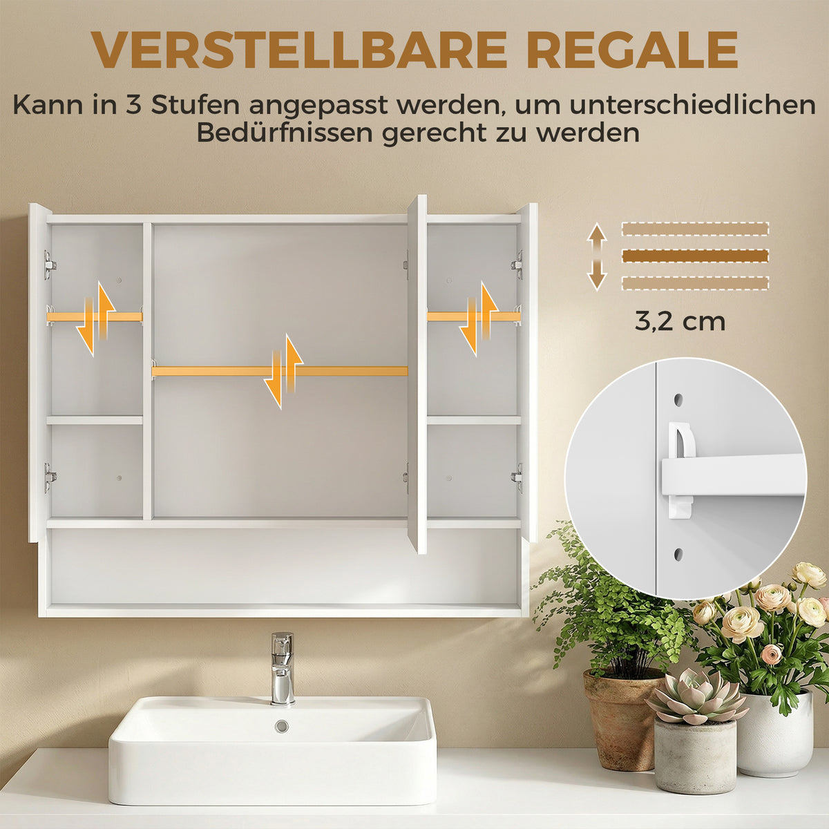 Armoire murale salle de bain avec miroir, armoire de toilette 3 portes miroir, étagères réglables, 90x15x75cm, blanc-5