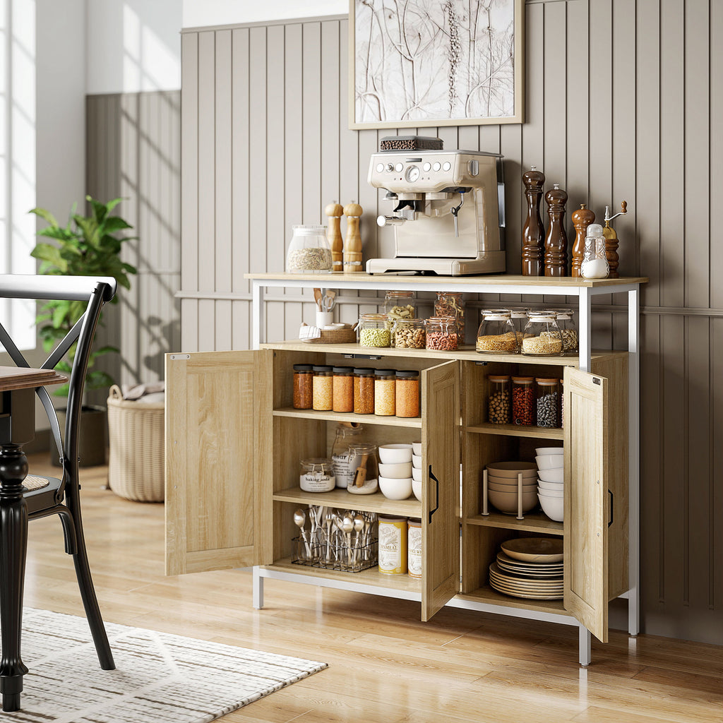 Buffet, meuble de rangement avec 3 portes, compartiment ouvert et 4 étagères réglables, 100 x 35 x 88 cm, bois naturel-1